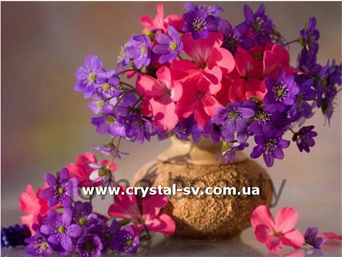 Набор алмазная мозаика стразами Сиреневые и розовые цветочки в вазе (40х50) — CRYSTAL SHOP