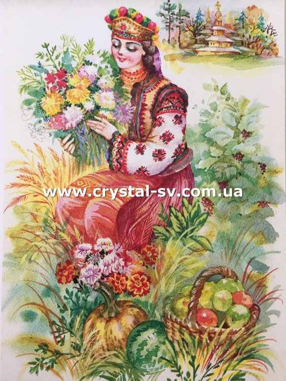 Набор алмазная мозаика стразами Украинский стиль Девушка Цветы и яблоки Спас (53x40) — CRYSTAL SHOP