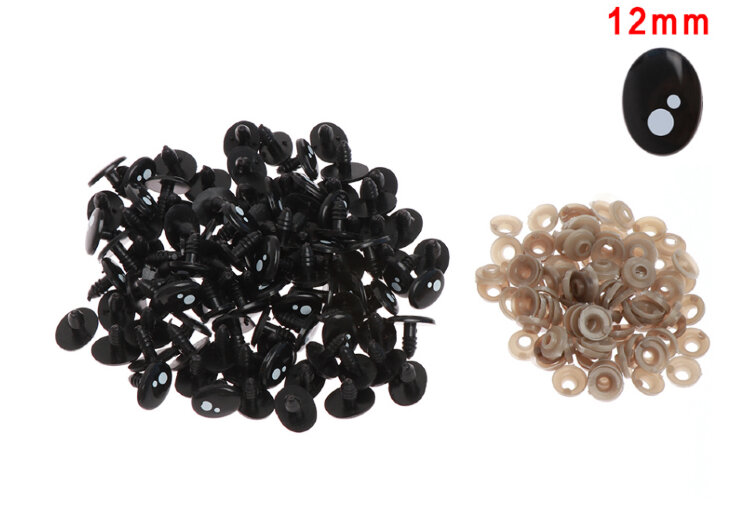 Глаза для игрушек амигуруми, кукол черные с бликом + заглушка. Овал 12 мм (пара) — CRYSTAL SHOP