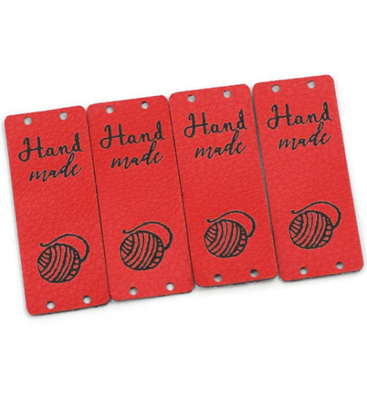 Бирка нашивка кожаная Hand Made клубок. Вертикальная. Красная (1 шт) — CRYSTAL SHOP