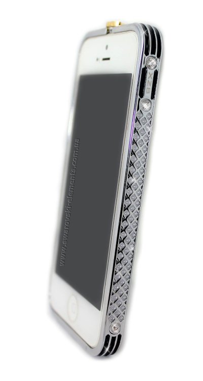 Бампер на телефон для iPhone 5/5s стразами Chanel logo металлический design Rhinestones SILVER Black — CRYSTAL SHOP