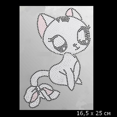 Термо-наклейка стразами Hot Fix аппликация Pussy Cat white (16х25 см) — CRYSTAL SHOP