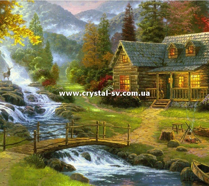 Набор рисование камнями Домик у реки в горах (40х40) — CRYSTAL SHOP