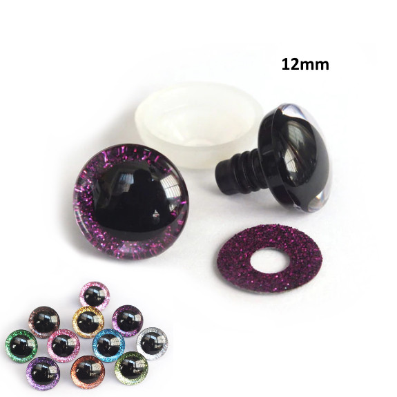 Блестящие глитерные круглые глазки для амигуруми + заглушка. HOT PINK 12 мм (пара) — CRYSTAL SHOP