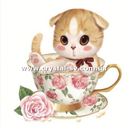 Набор выкладка камнями по номерам Кот в чашке роза (30х30) — CRYSTAL SHOP