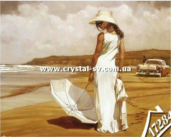 Набор алмазная мозаика стразами Ретро Девушка в белом Пляж (40х60) — CRYSTAL SHOP