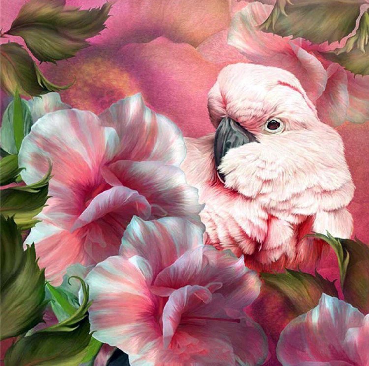 Набор картина из стразиков Розовый попугай в цветах (40x40) — CRYSTAL SHOP