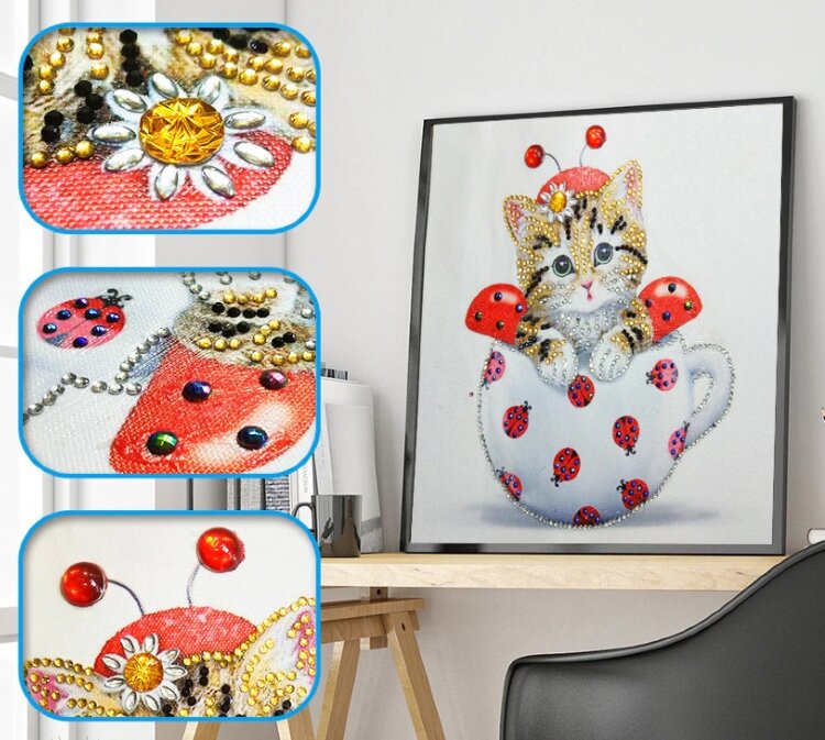 Набор алмазная мозаика специальными стразами Божья коровка Кот в чашке (30х30) — CRYSTAL SHOP